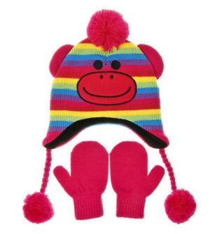 NUZZLES HAT & MITTEN SET - STRIPED MONKEY 5-9yrs