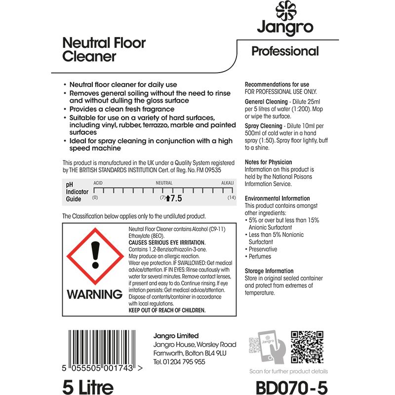 Jangro Professional Neutral Floor Cleaner BD070-5 guide